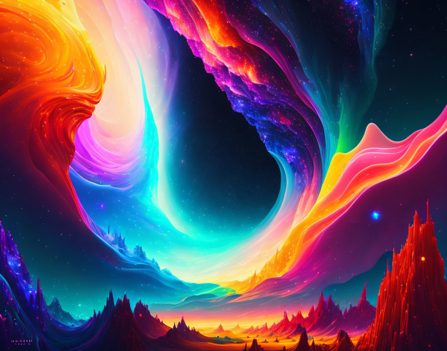 Colorful Celestial Digital Artwork with Galaxies and Forest Silhouette