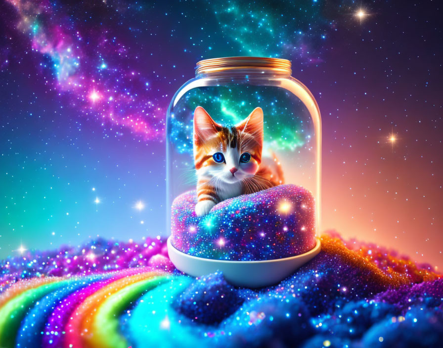 Kitten in Clear Jar on Rainbow Surface with Cosmic Galaxy Background