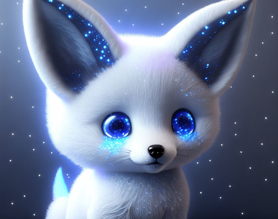 Fantastical fennec fox-like creature with blue eyes and starry fur