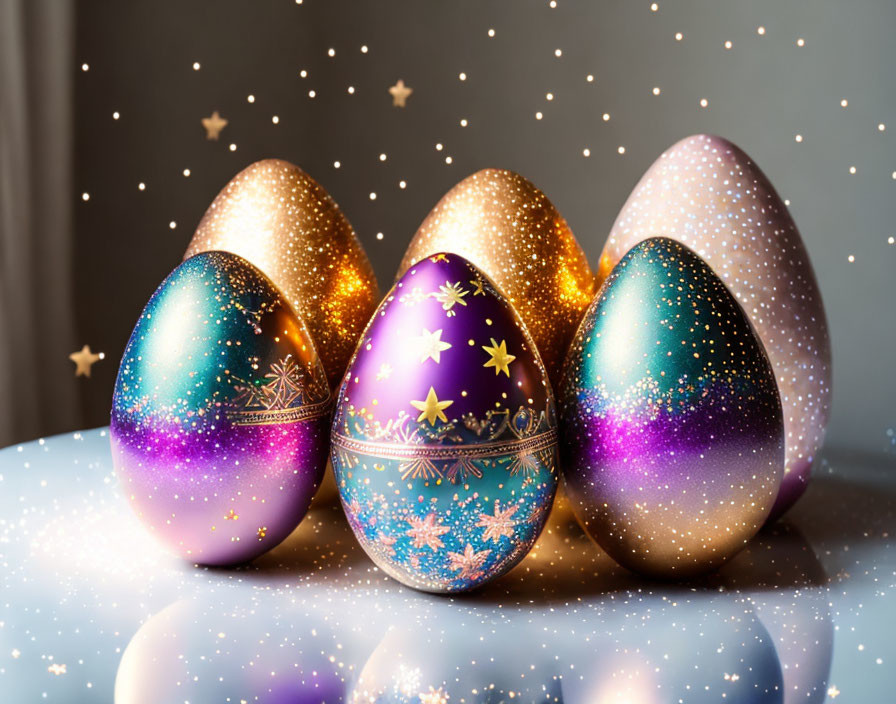 Decorated Easter eggs with sparkly paint and patterns on golden star backdrop