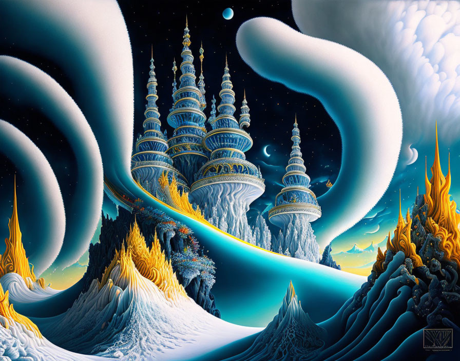 Surreal landscape with towers on spiraling rocks under starry sky