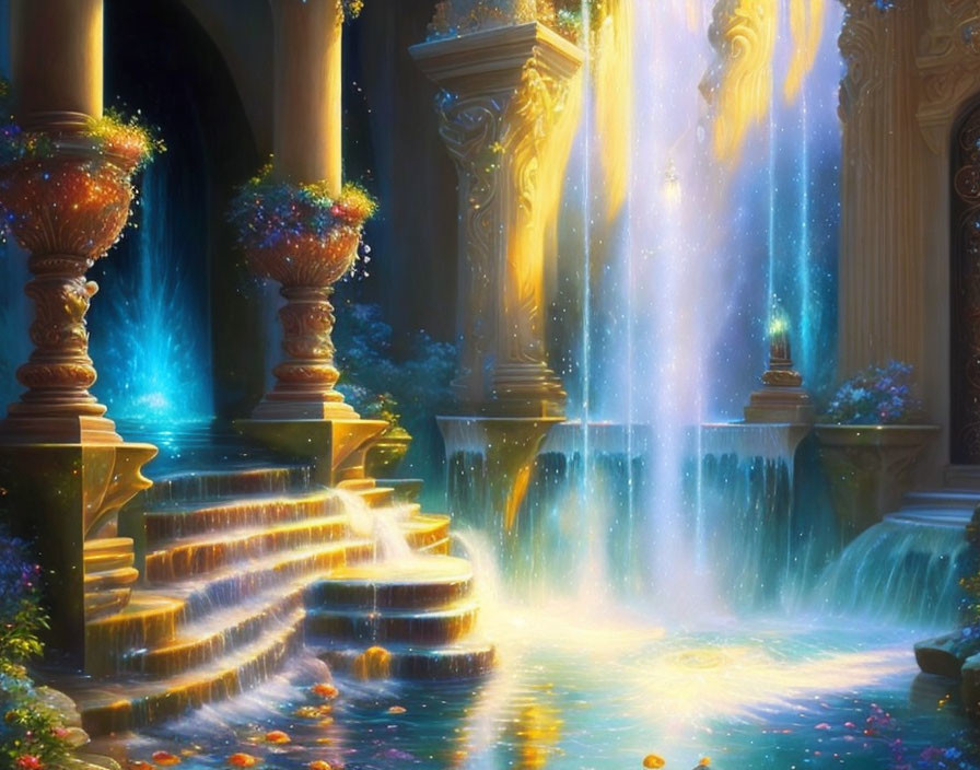 Grand staircase beside cascading waterfalls, vibrant flowers, and ornate pillars