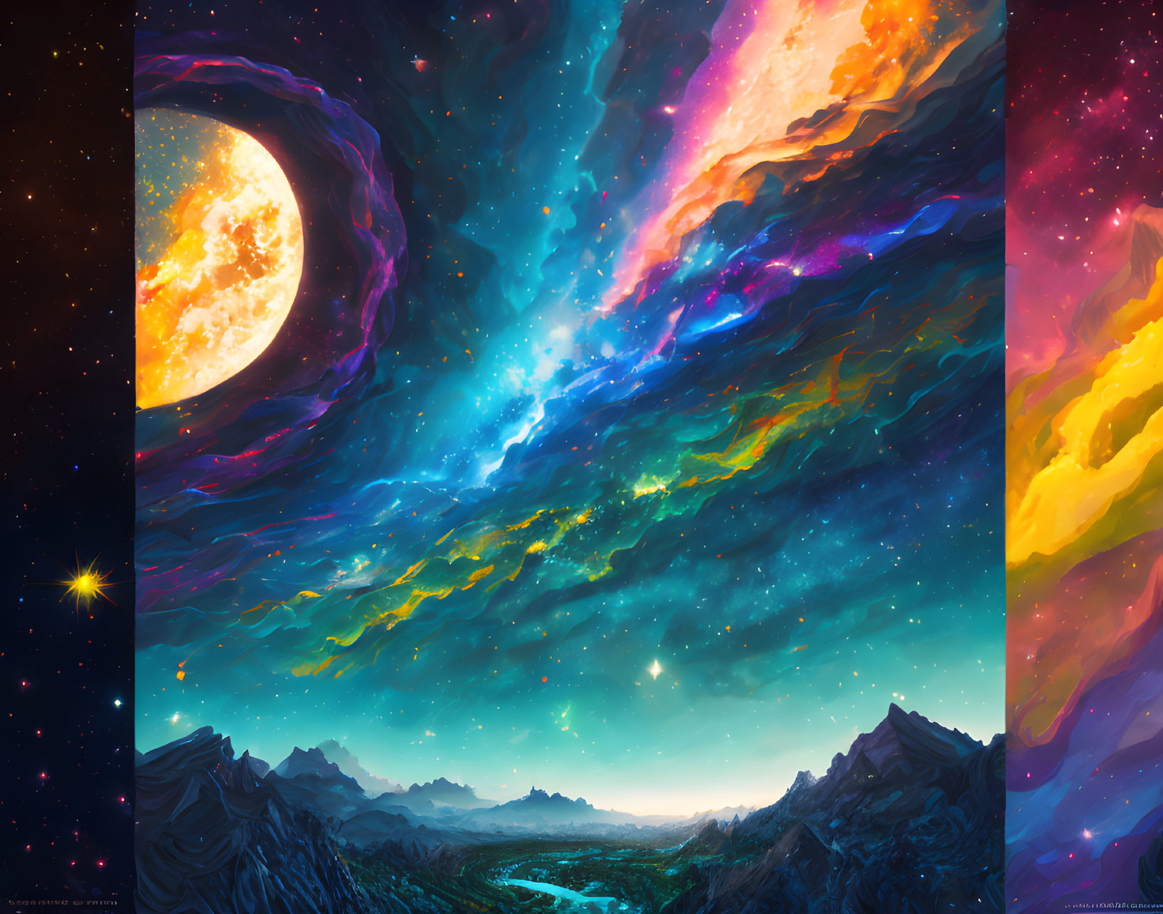 Colorful Cosmic Scene: Large Moon, Nebulae, Starry Sky, Mountain Landscape