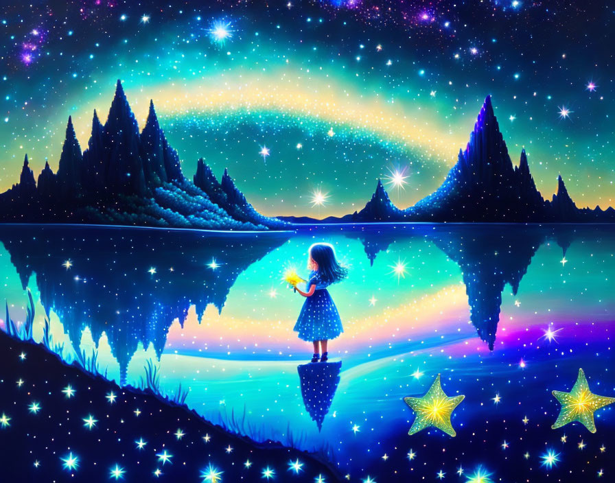 Child with light by reflective lake under starry sky and falling stars in vibrant forest scene