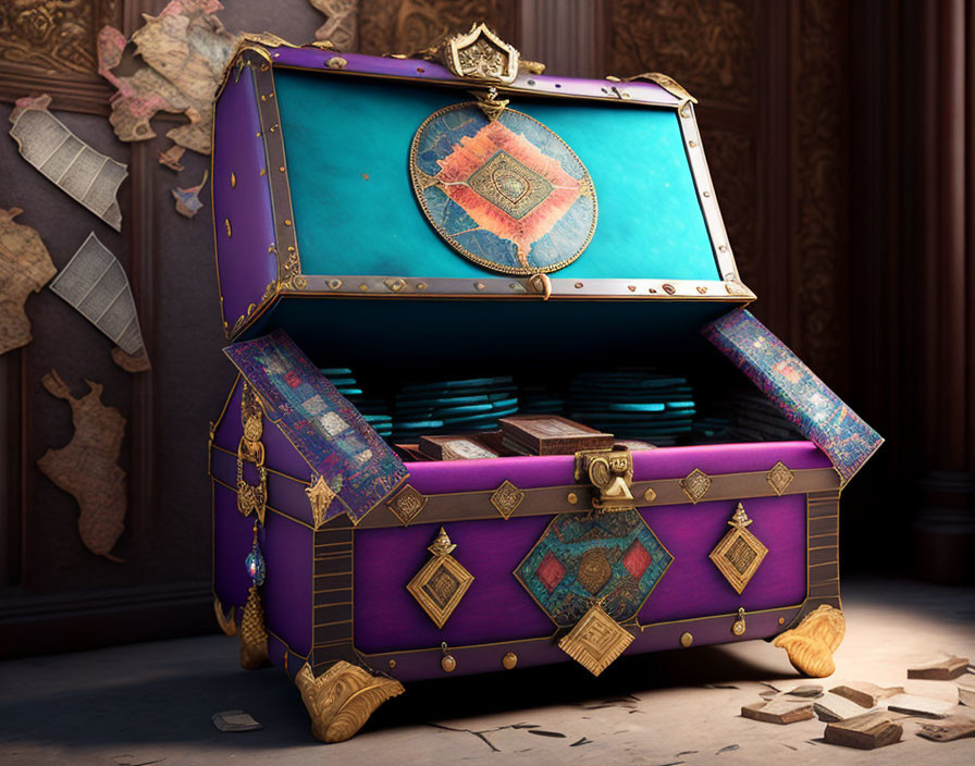 Ornate treasure chest with glowing books on map and wood background