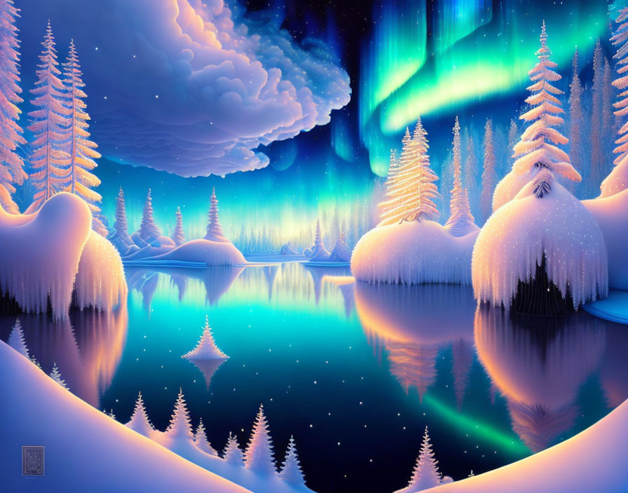 Snow-covered trees and aurora borealis over reflective lake in tranquil winter night