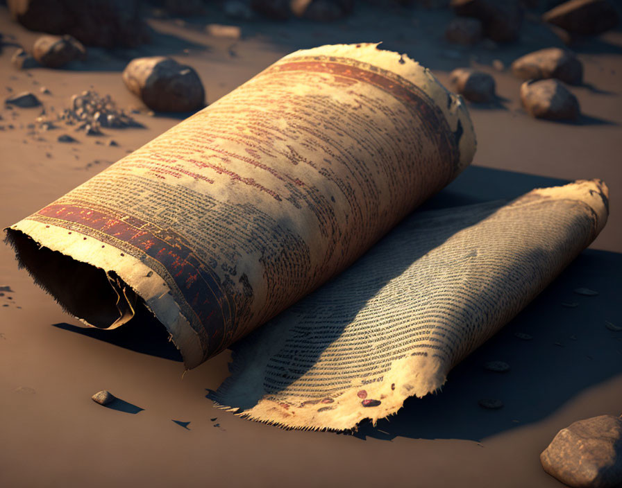 Aged, Unrolled Scroll with Faded Text on Stony Ground