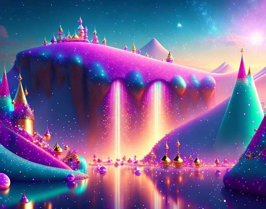 Colorful Glowing Mountains and Castles in Fantasy Landscape