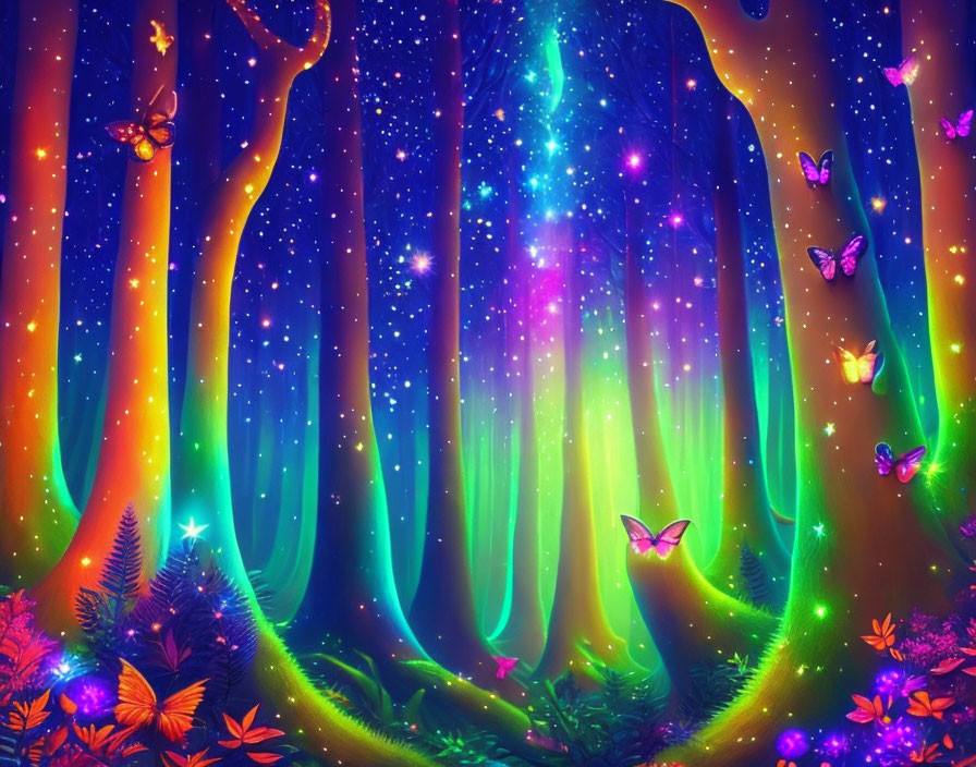 Enchanting neon-glowing forest with starry sky & colorful lights