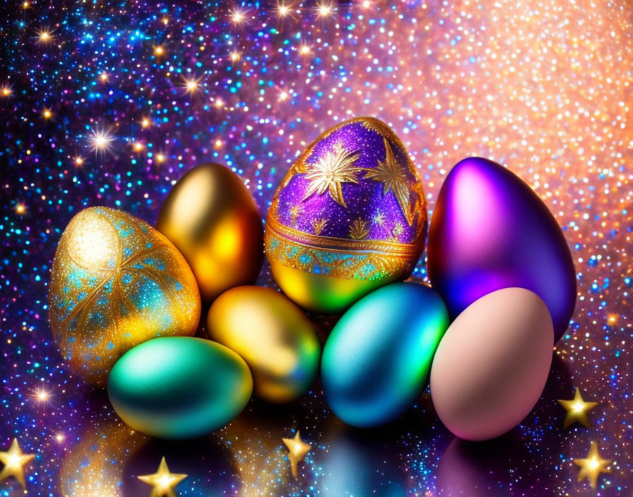 Colorful Easter Eggs with Glittery Patterns on Cosmic Background