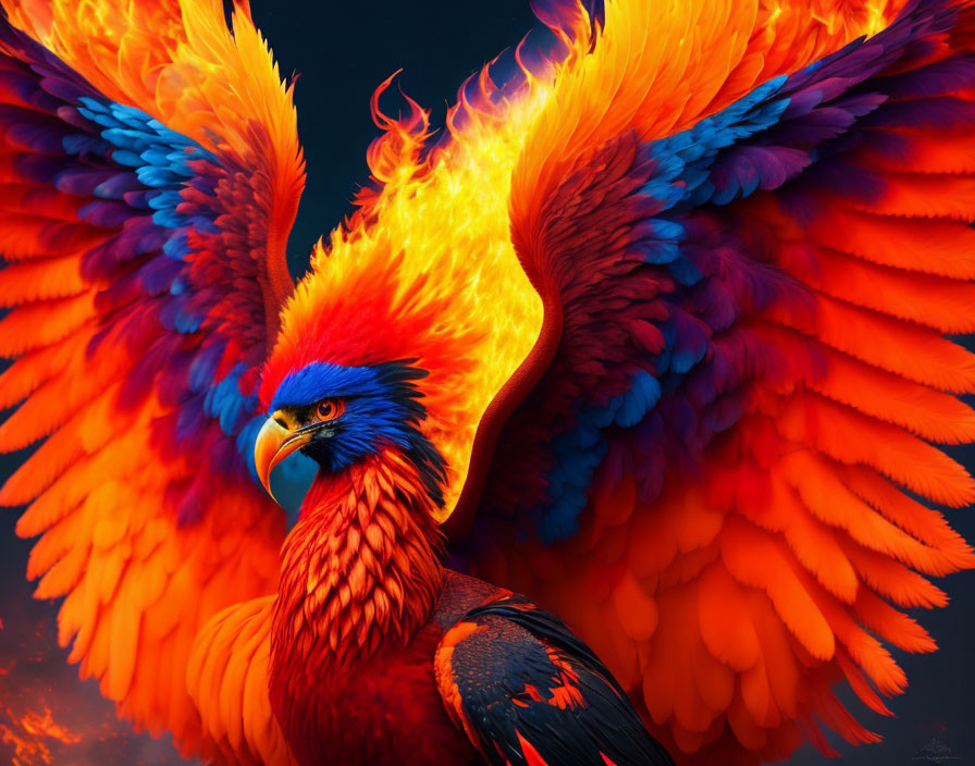 Digital Artwork: Phoenix with Fiery Wings and Vibrant Feathers