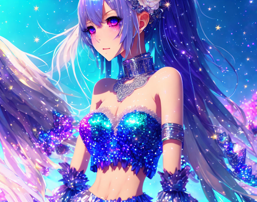 Purple-haired animated character in blue top with silver accessories on starry night sky backdrop