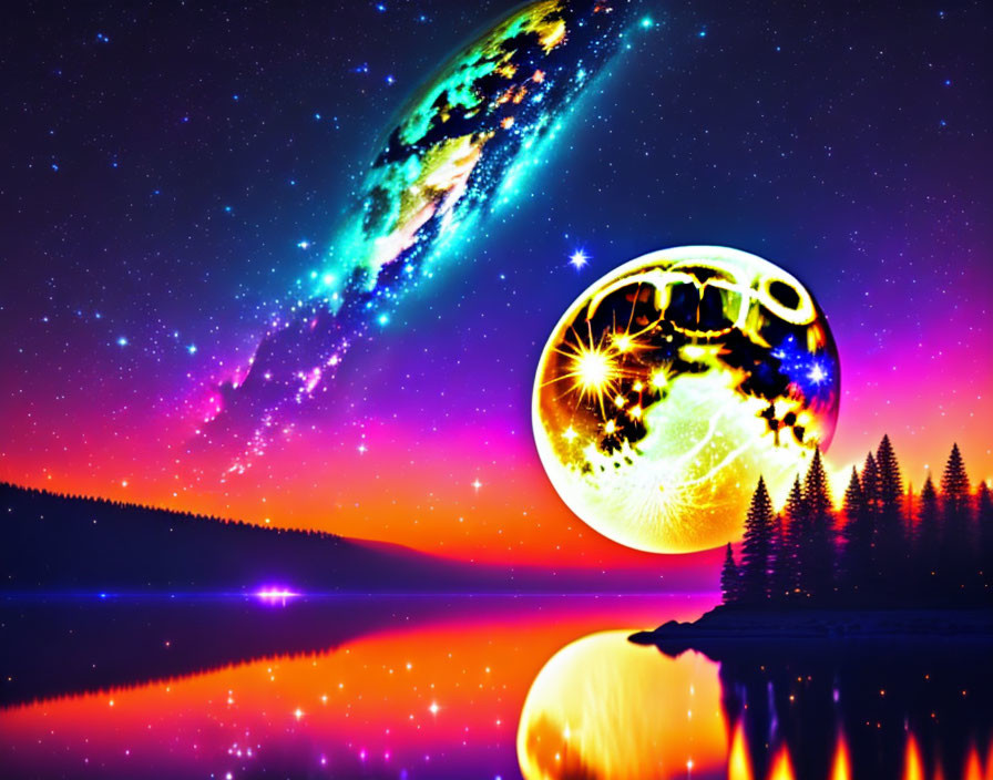 Surreal cosmic digital art with comet, glowing planet, and lakeside reflection