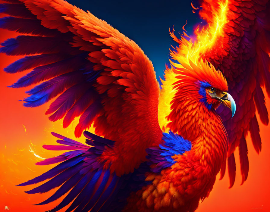 Colorful Phoenix Digital Artwork with Fiery Wings on Red and Orange Background