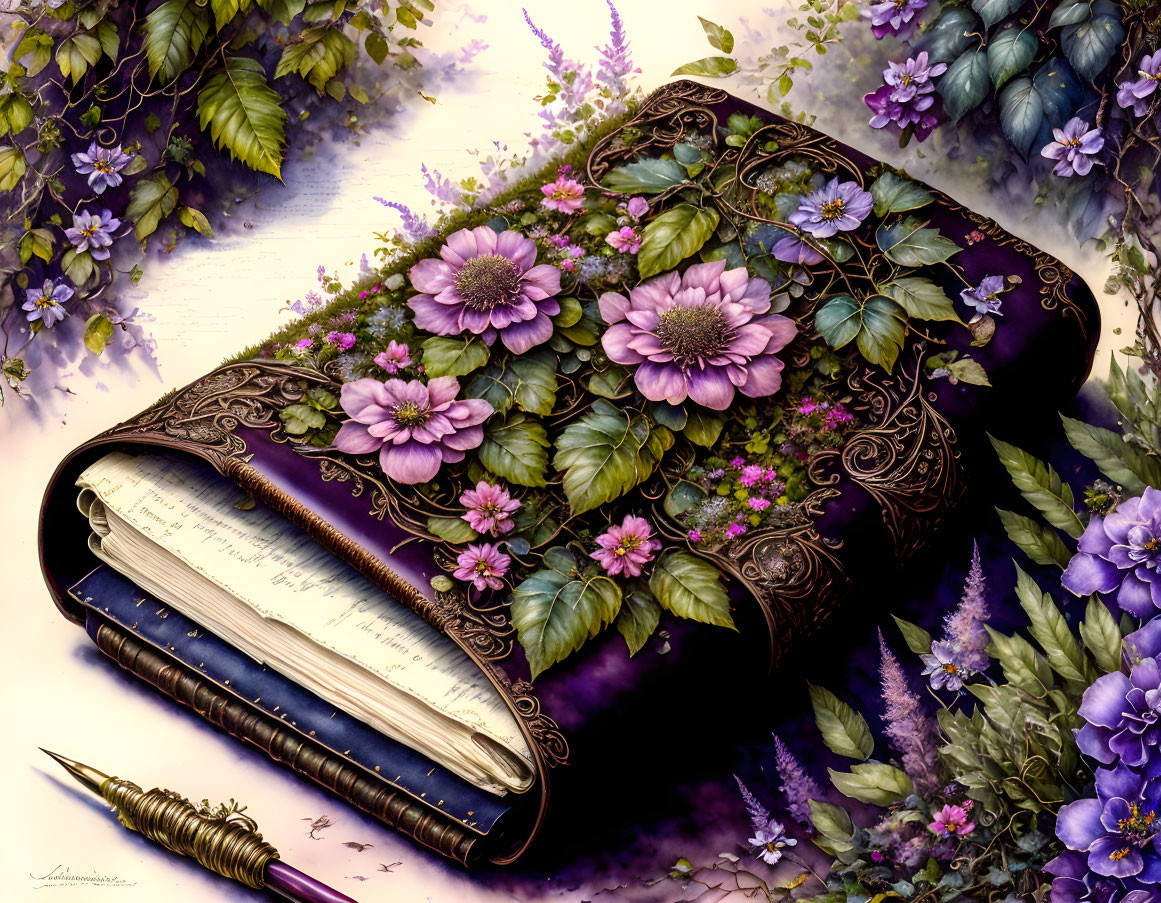 Floral-covered ornate book with green vines and purple flowers next to antique pen