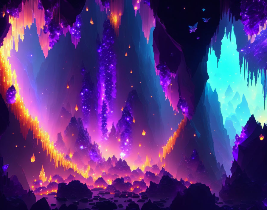 Colorful digital artwork: Fantastical cave with neon glow, luminous stalactites, stal