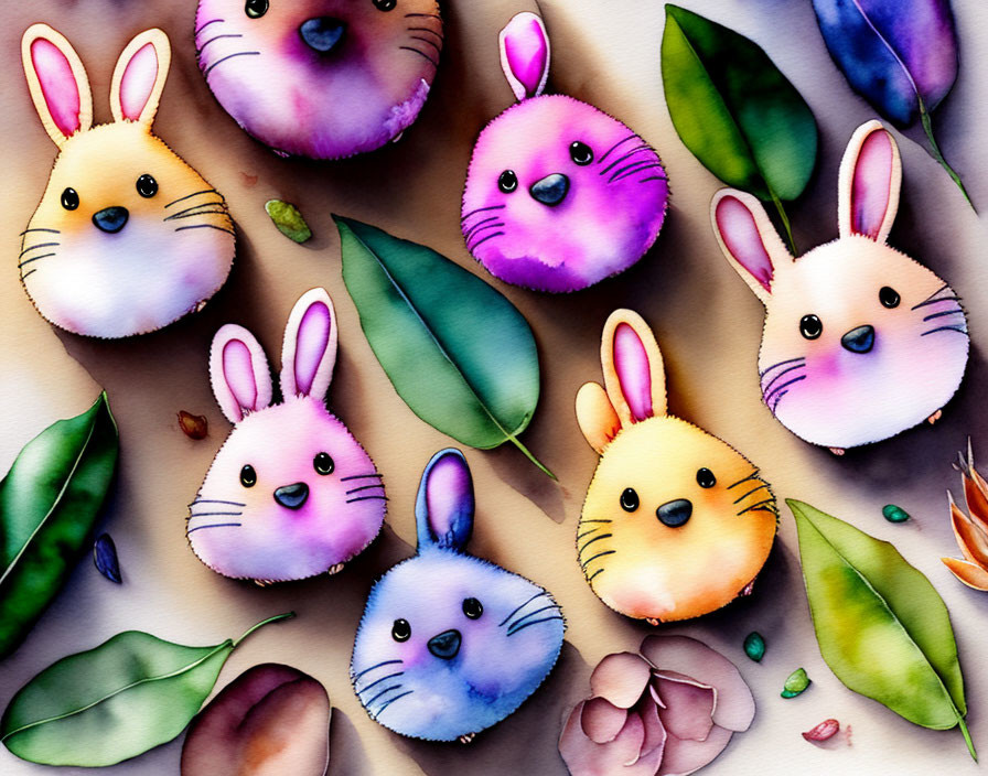 Colorful Bunny Faces with Fluffy Ball Ears Among Green Leaves and Petals