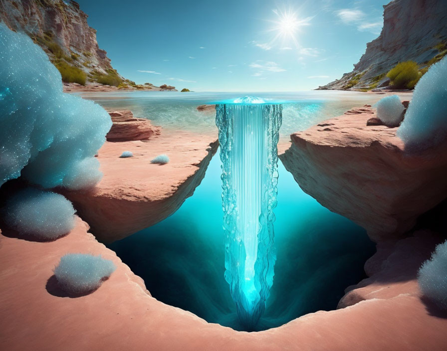 Surreal image of glowing blue waterfall between red sandstone cliffs