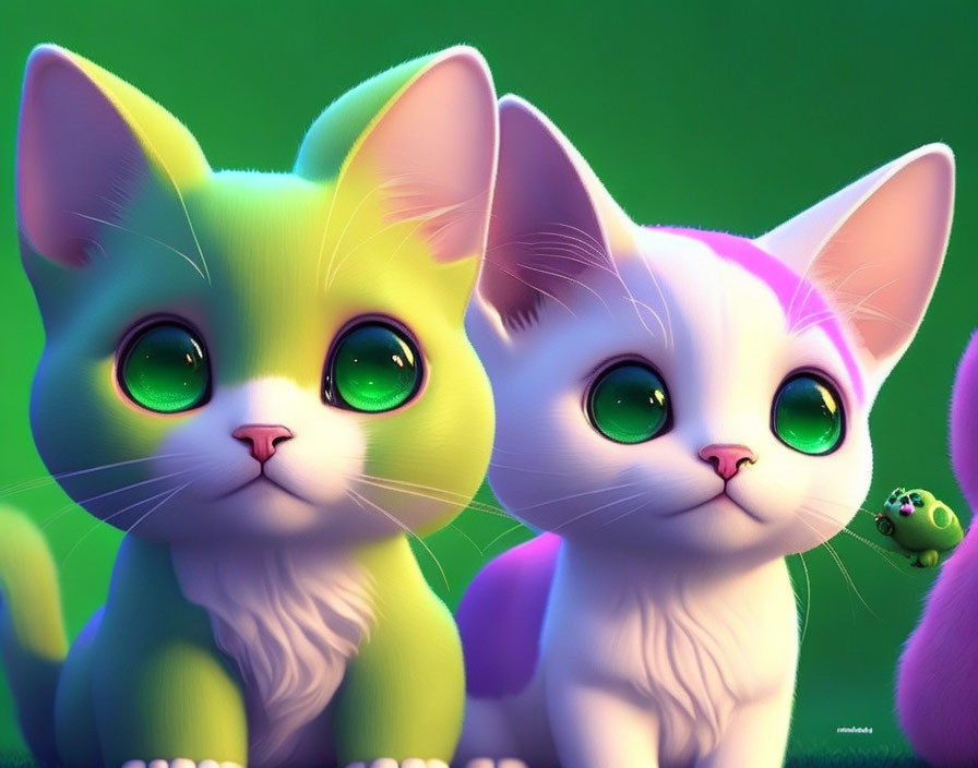 Colorful animated kittens with expressive eyes and a tiny frog on one head