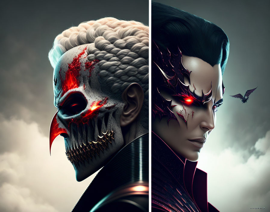 Stylized split-image of ominous figures in dark armor against moody sky