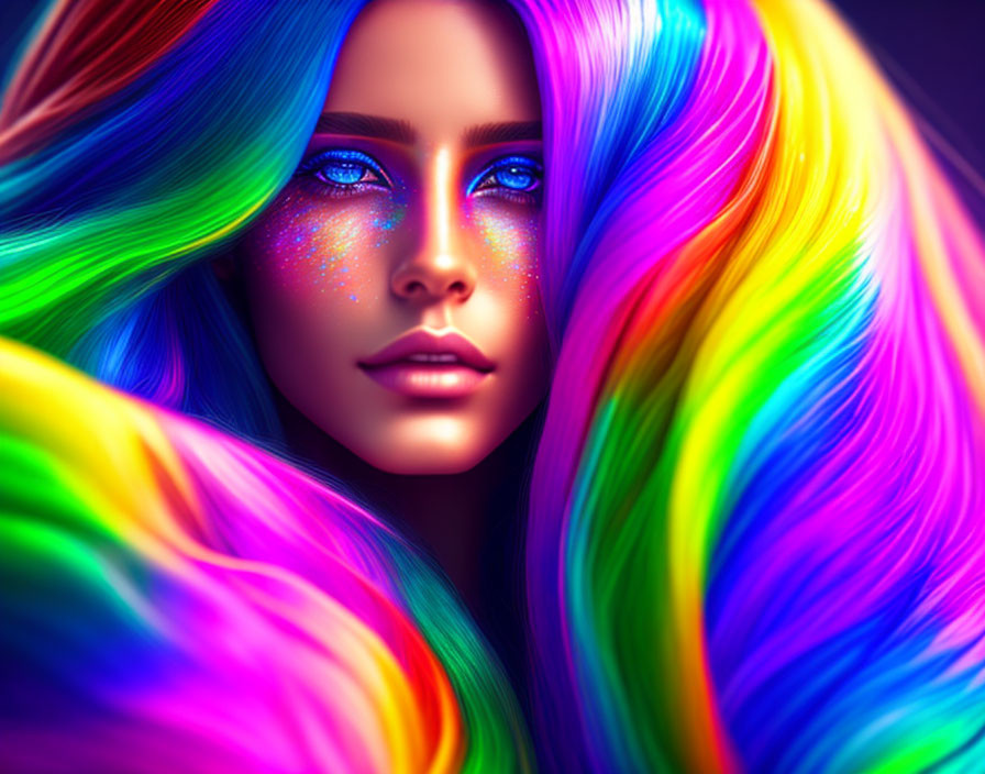 Colorful Portrait of Woman with Rainbow Hair and Blue Eyes