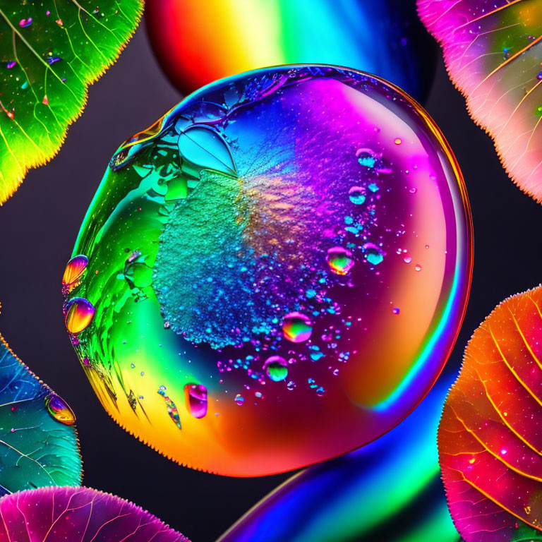 Colorful soap bubble with water droplets and leaves on dark background