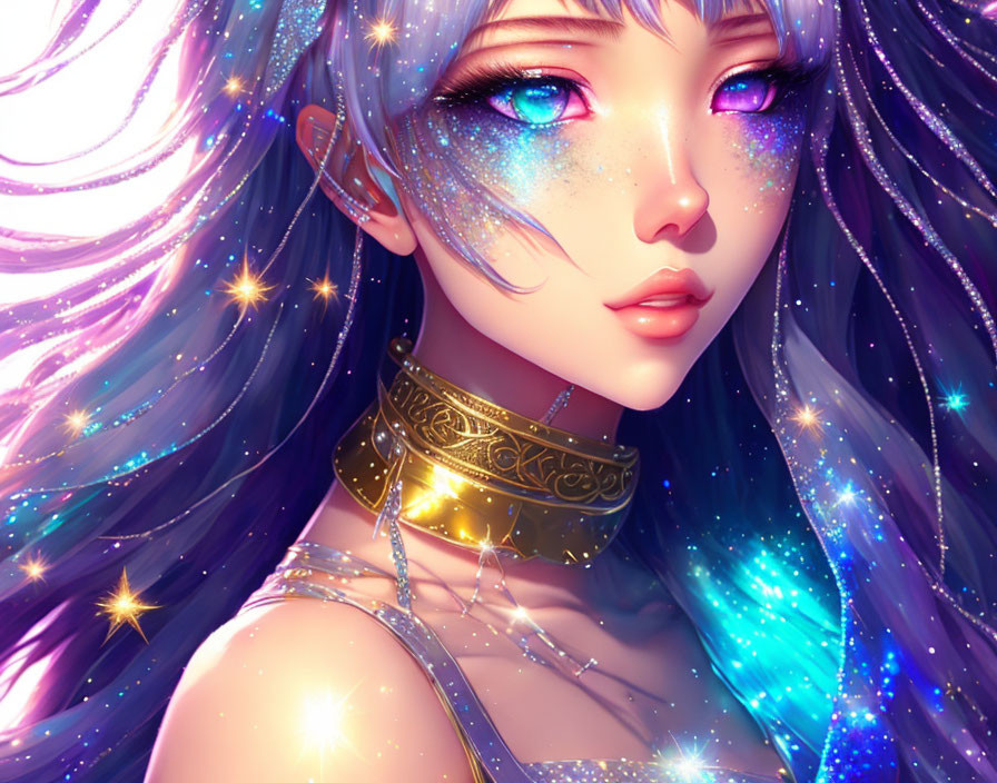 Female digital art portrait with galaxy-themed hair and cosmic makeup in blue and purple hues, featuring a golden