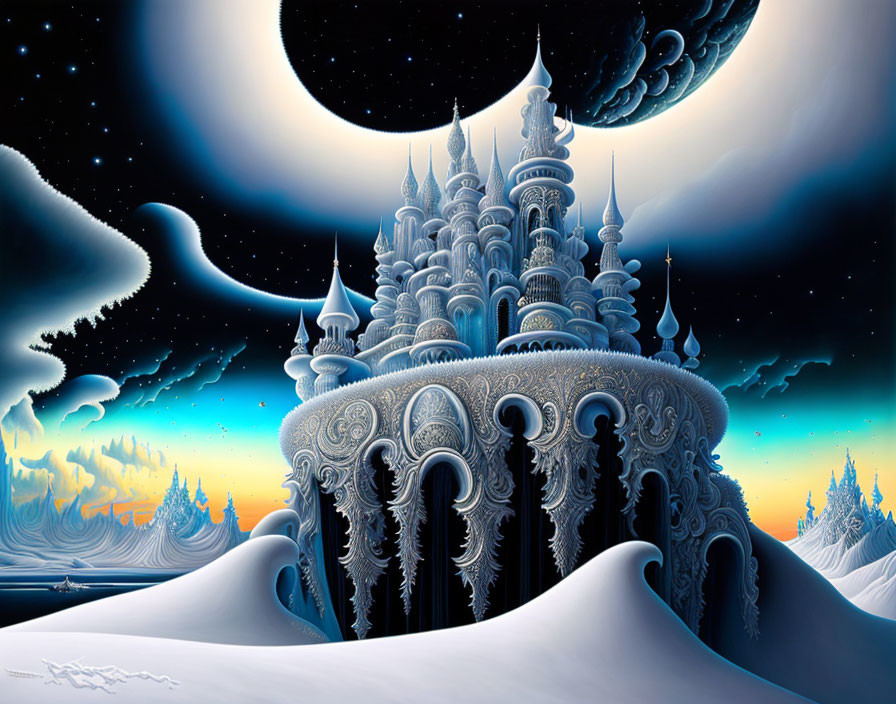 Fantastical castle with intricate towers in snowy landscape under multiple moons