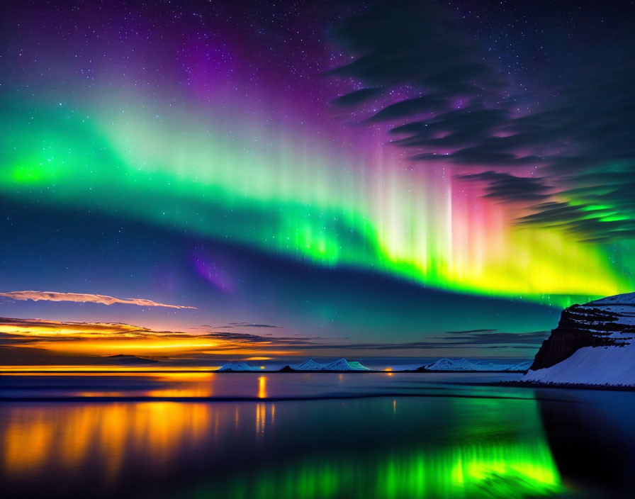 Northern Lights dance over snowy mountains and water at twilight