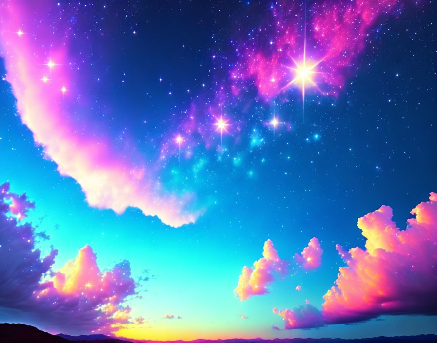 Colorful Twilight Sky with Stars and Fluffy Clouds