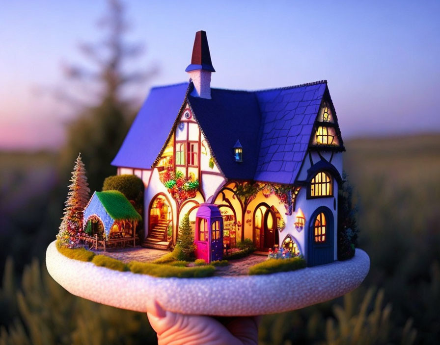 Miniature fairy-tale house held in hand at dusk