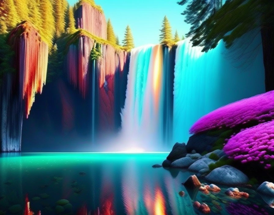 Serene lake with vibrant waterfalls and colorful flora