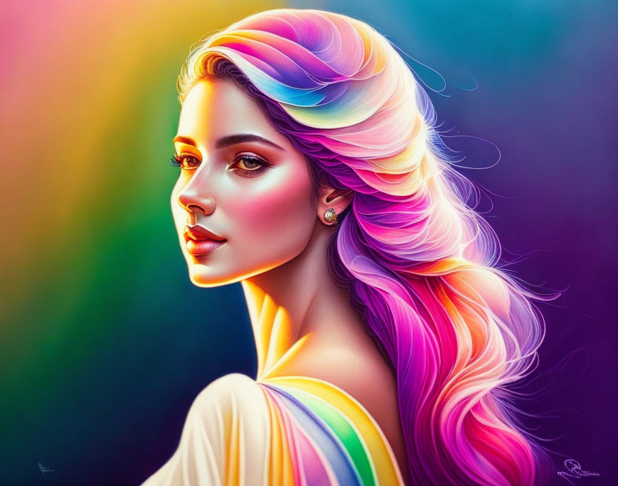 Colorful digital art portrait of woman with rainbow hair on vibrant background