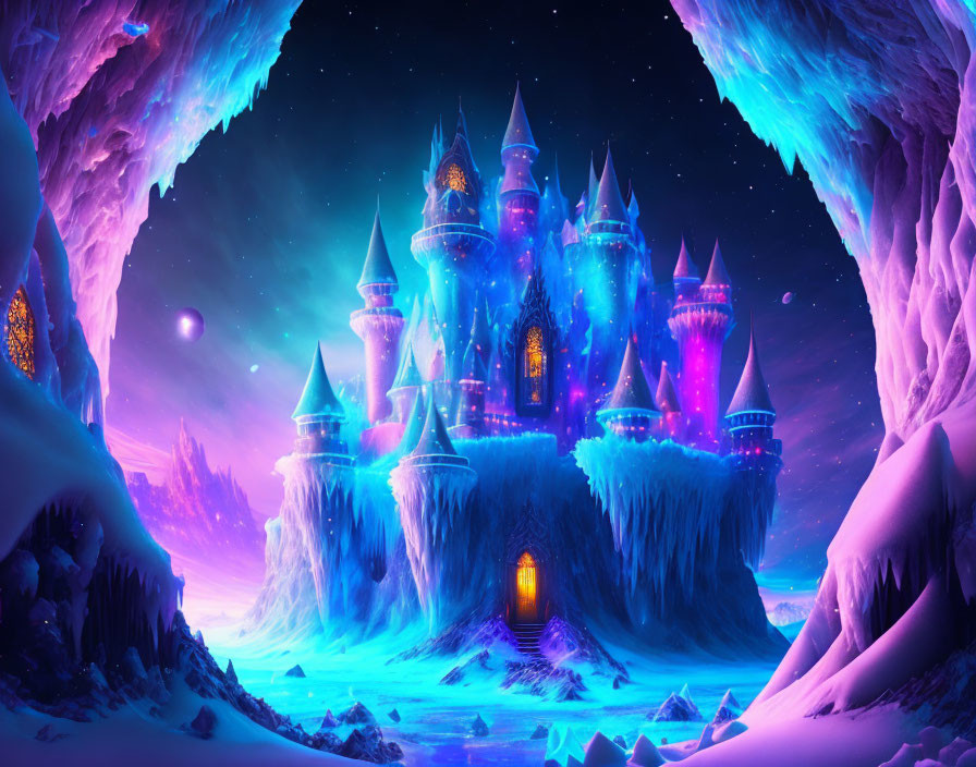 Fantastical ice castle with neon lights in frosty cave under starry sky