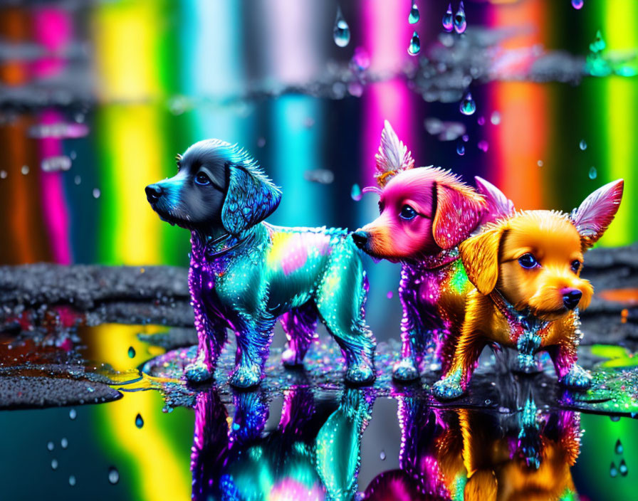 Colorful Iridescent Puppies on Wet Surface with Reflections