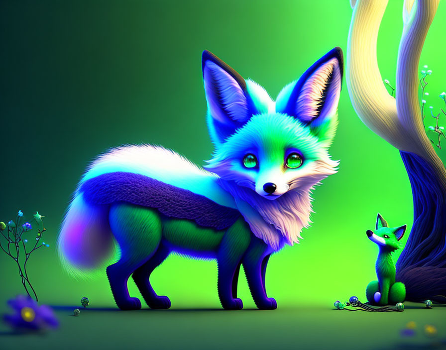 Neon-colored foxes in fantasy forest with glowing flora