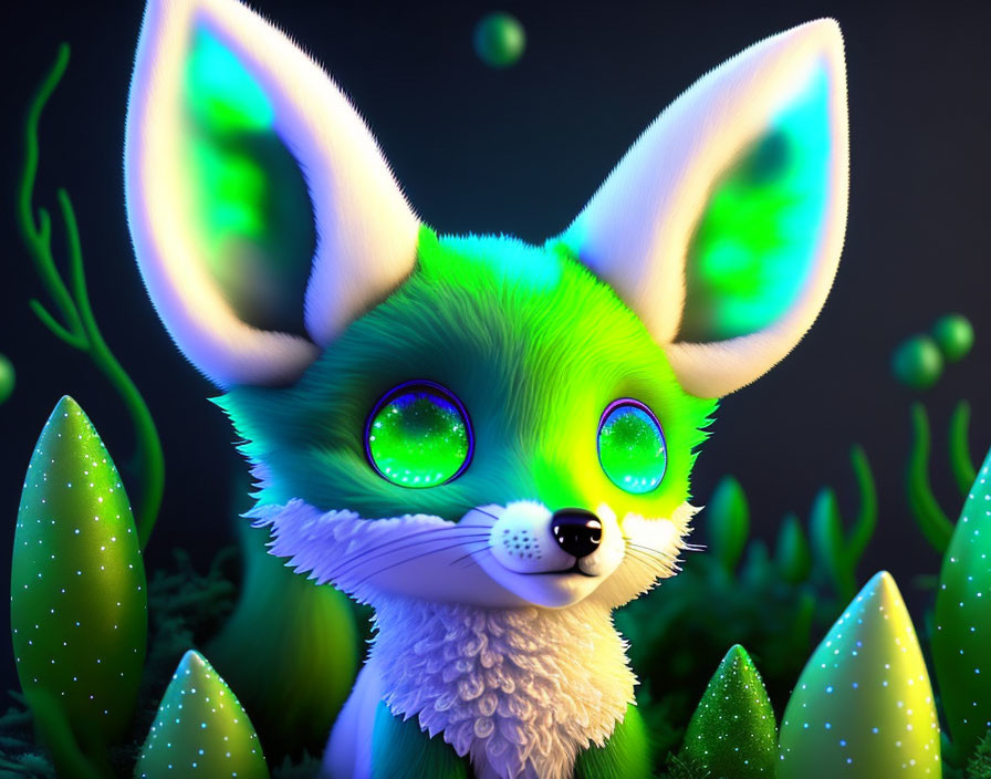 Whimsical green fox with glowing eyes in luminous plant setting