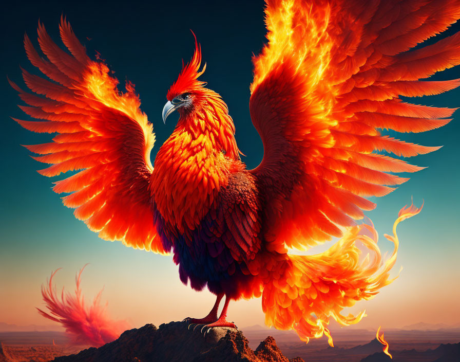 Colorful Phoenix Illustration with Fiery Wings on Rocky Outcrop