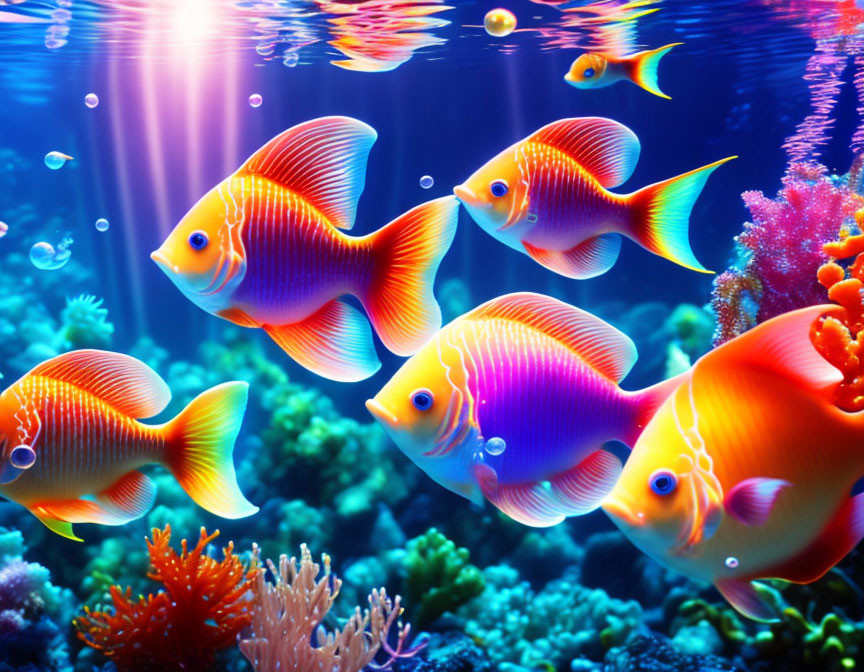 Colorful Coral and Orange Fish in Sunlit Undersea Scene