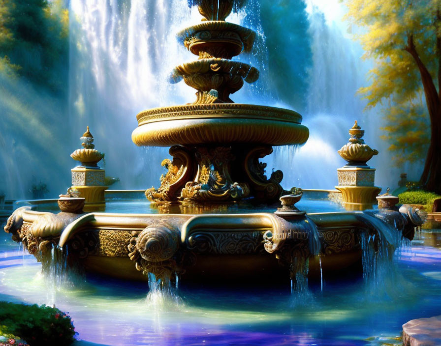 Multi-tiered fountain with cascading water against misty waterfall and lush foliage