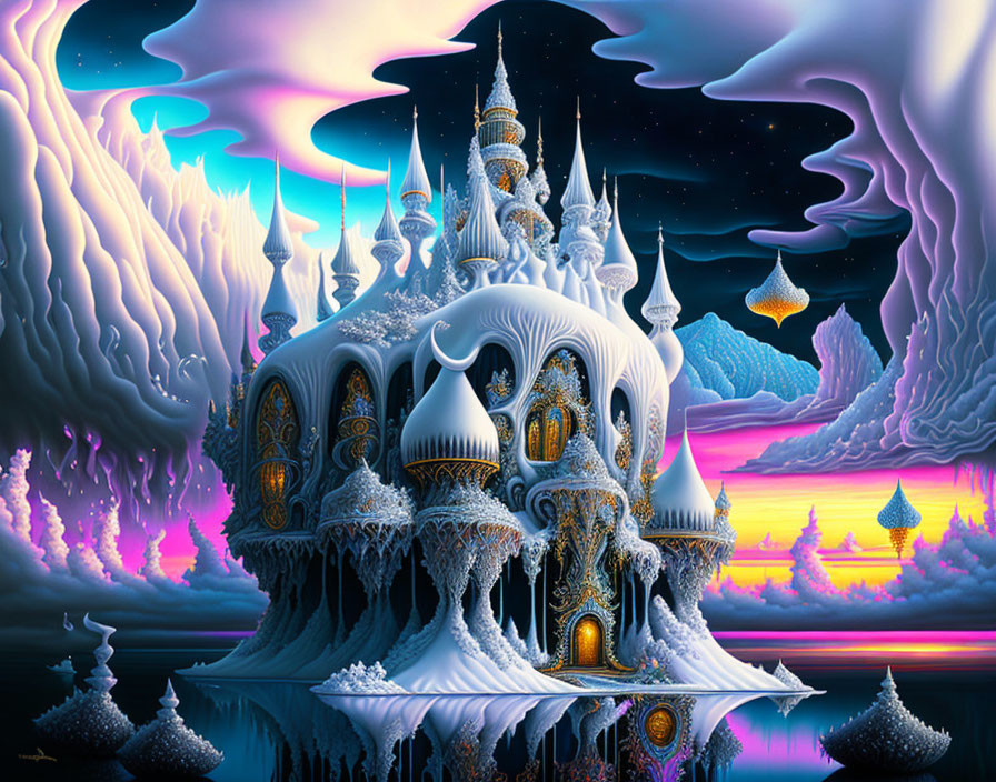 Fantastical surreal palace with intricate architecture in dreamlike landscape