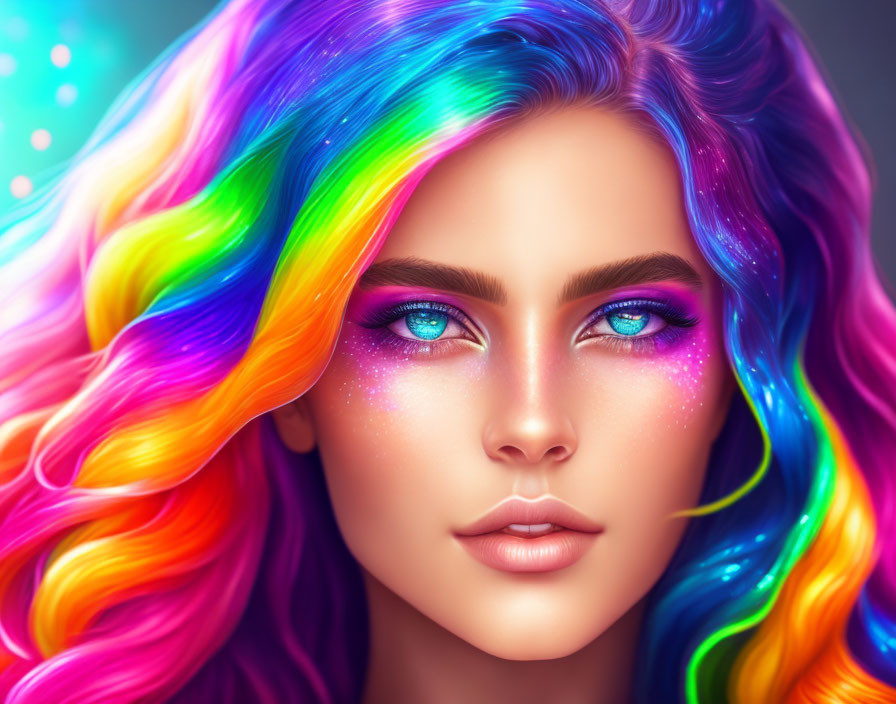 Vibrant rainbow hair and intense blue eyes on a digital artwork