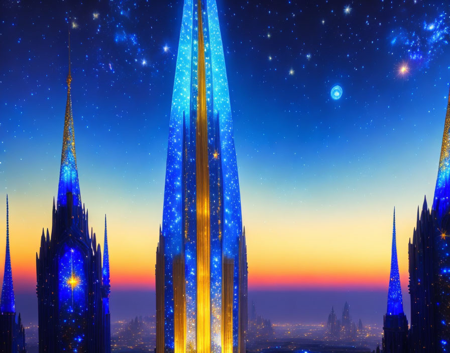 Futuristic cityscape with blue skyscrapers under starry night sky transitioning to warm dawn