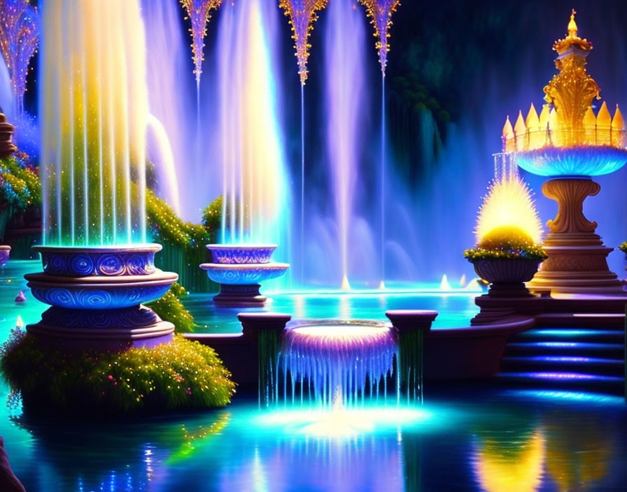 Vivid illuminated colorful fountains at night in a fantasy garden