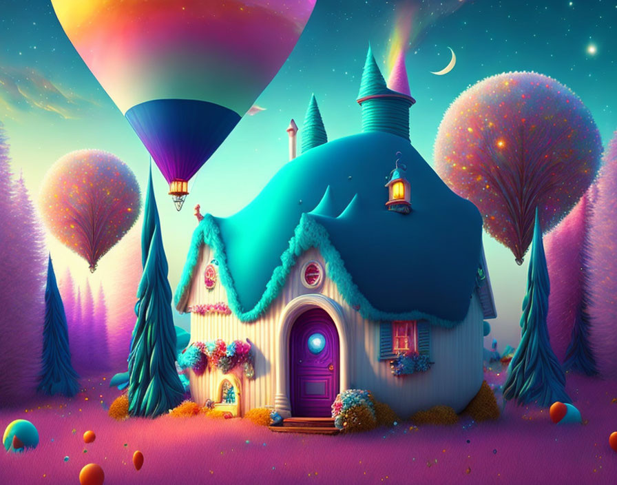 Colorful Fairytale Landscape with House, Hot Air Balloons, and Magical Trees