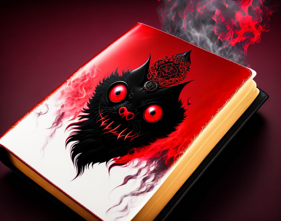 Vibrant red notebook featuring mystical black cat with red eyes