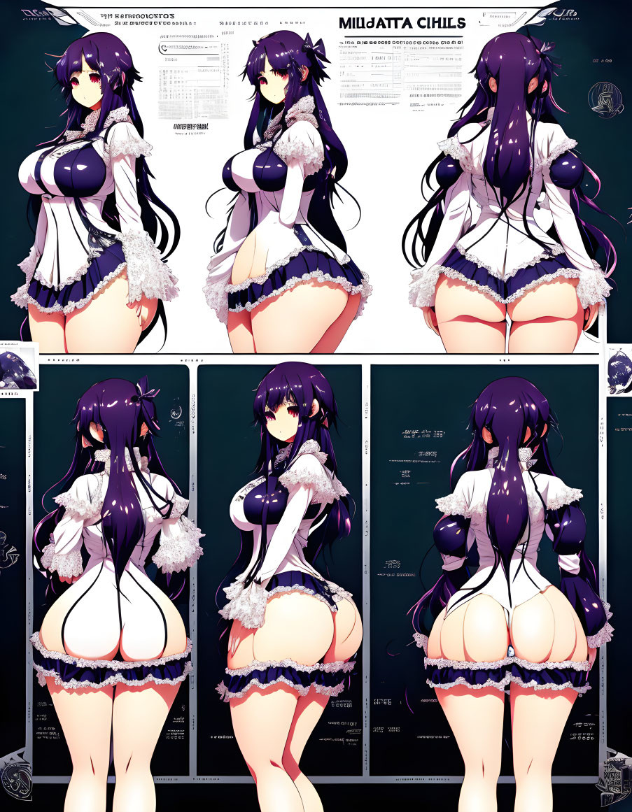 Detailed female anime character: long purple hair, multiple views, black and white maid outfit with lace details