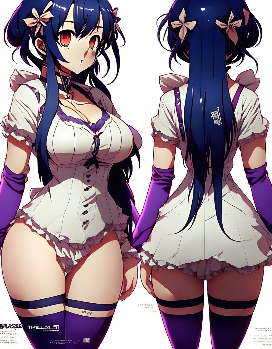 Anime girl with long blue hair in maid outfit and choker dual view