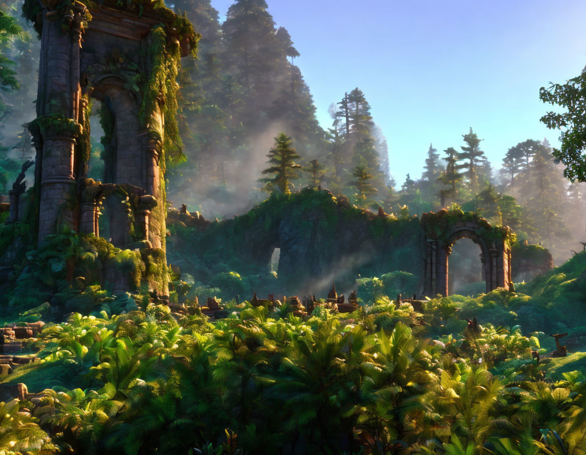 Ancient ruins in lush green forest with sunlight and fog.