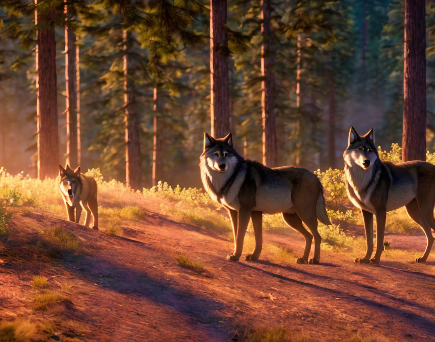 Three wolves in forest at sunrise with warm light filtering through trees